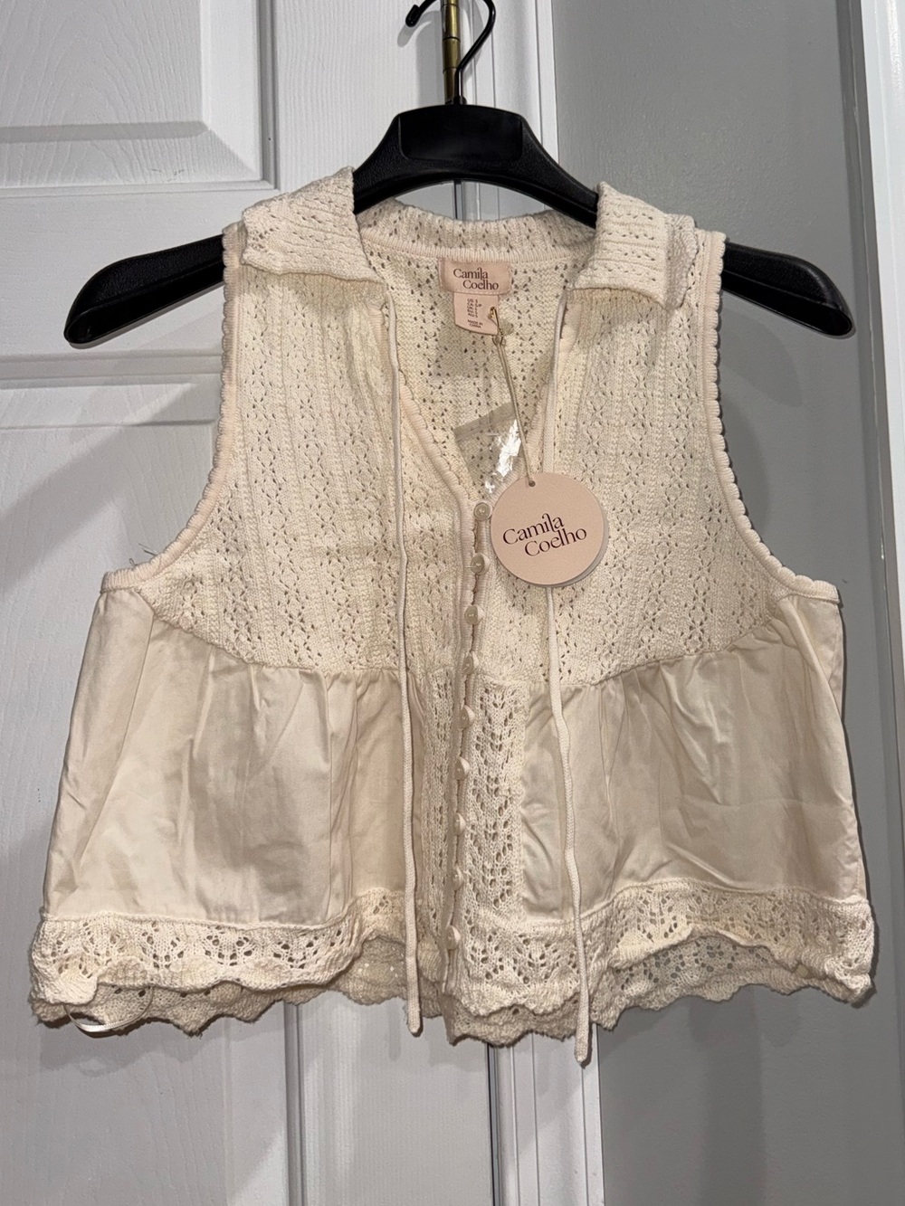 Camila Coelho Cream Crochet & Satin Panel Sleeveless Camisole Crop Top